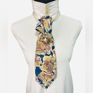 Floral Multicolored Necktie with Beautiful Rose Brooch